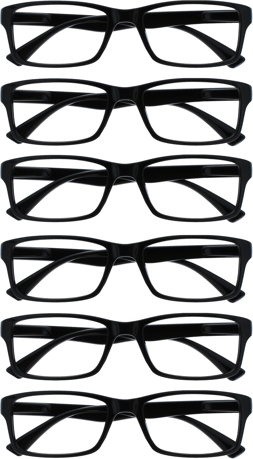 OPULIZE PEP Classic Reading Glasses for Women Men, Scratch Resistant Rectangular Frame with Spring Hinges, Black, +3 (Pack of 6)
