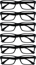 OPULIZE PEP Classic Reading Glasses for Women Men, Scratch Resistant Rectangular Frame with Spring Hinges, Black, +3 (Pack of 6)
