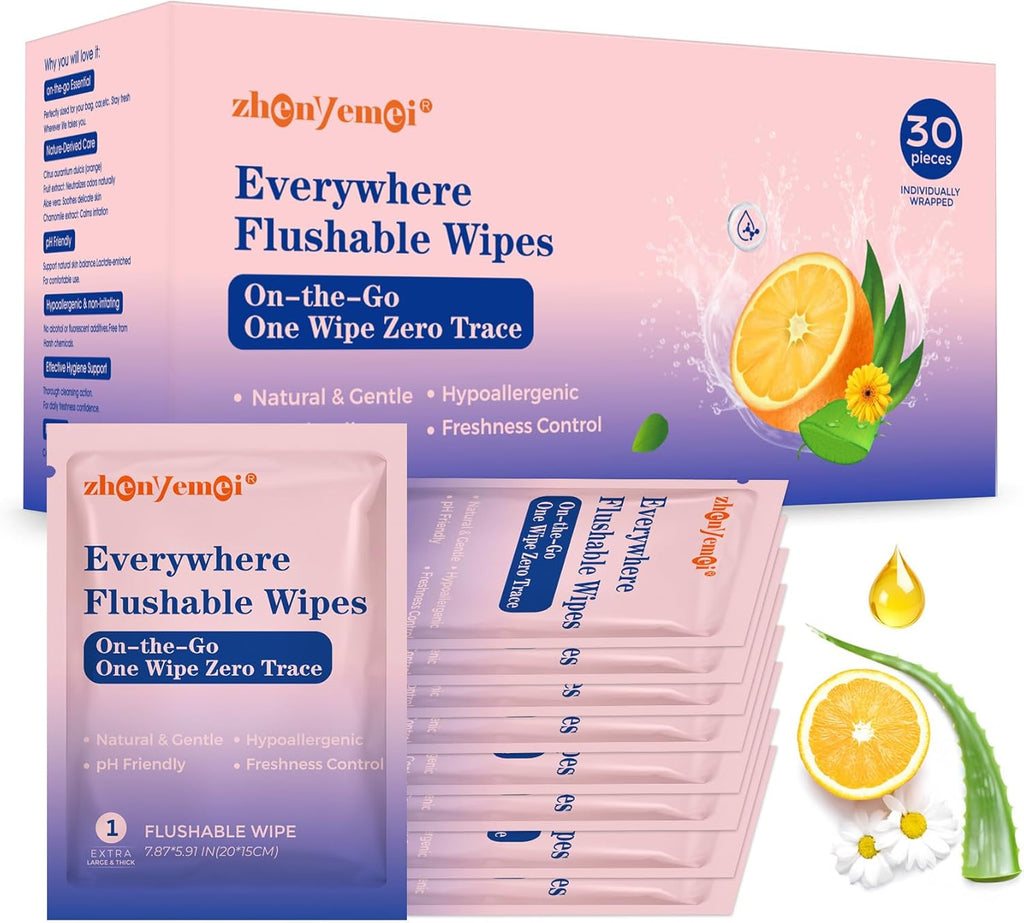 Thickened Flushable Wipes 30 Counts - ON-THE-GO Individually Wrapped for Women Men I Wet Wipes for Butt Travel Toilet Bathroom Thicker & Big for Adult Oranea Dulca & Aloe - Septic Sewer Safe