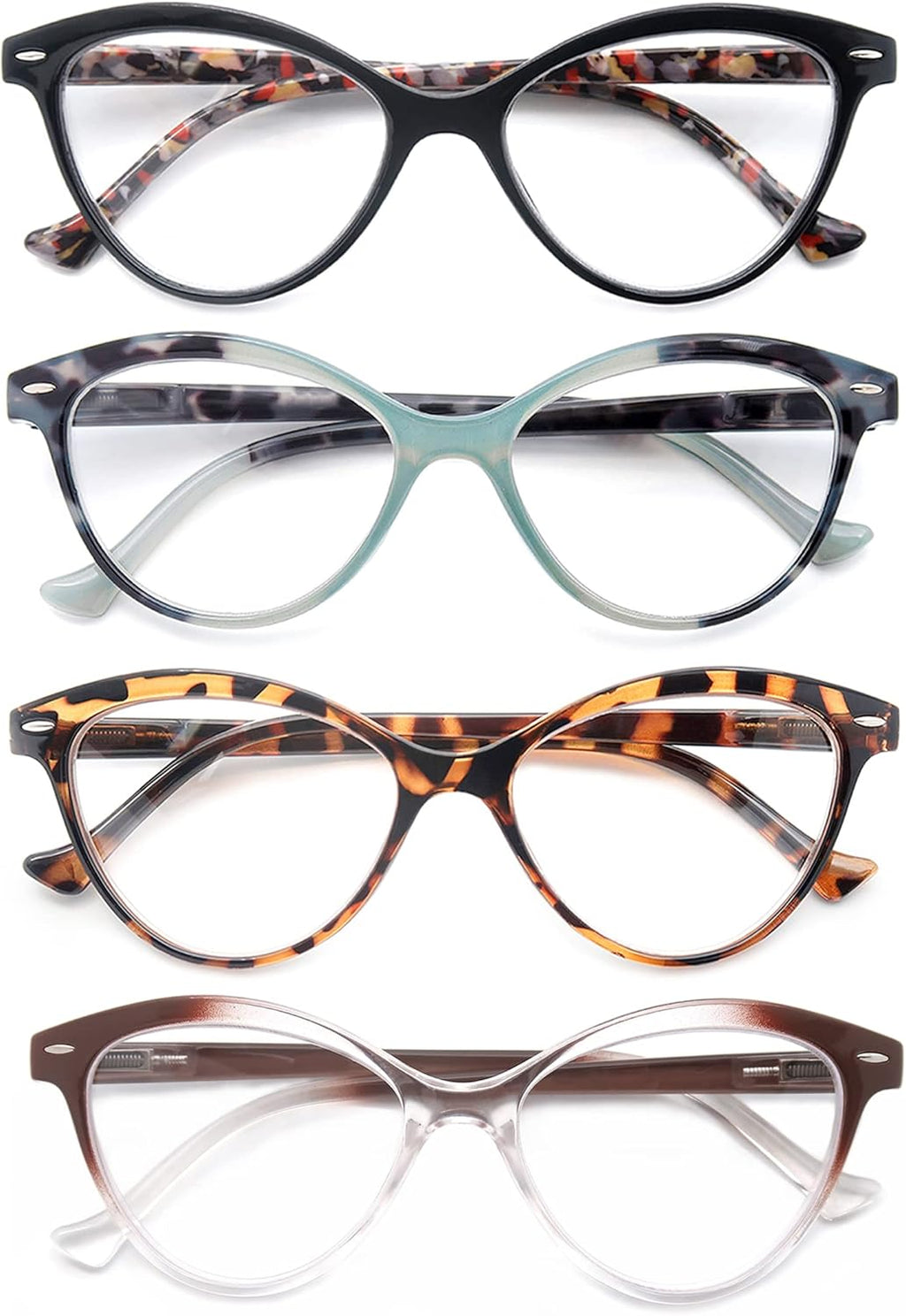 Reading Glasses for Women Stylish Cateye Ladies Readers +1.00 Cute Lightweight Magnifying Glasses with Spring Hinges Comfortable Fit 4 Pack