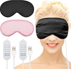 2 Pieces Silk Heated Eye Mask for Dry Eyes USB Steam Warm Compress for Puffy Eyes Adjustable Temp Sleep Eye Mask for Dry Eye, Chalazion, Blepharitis, Stye (Black, Pink)