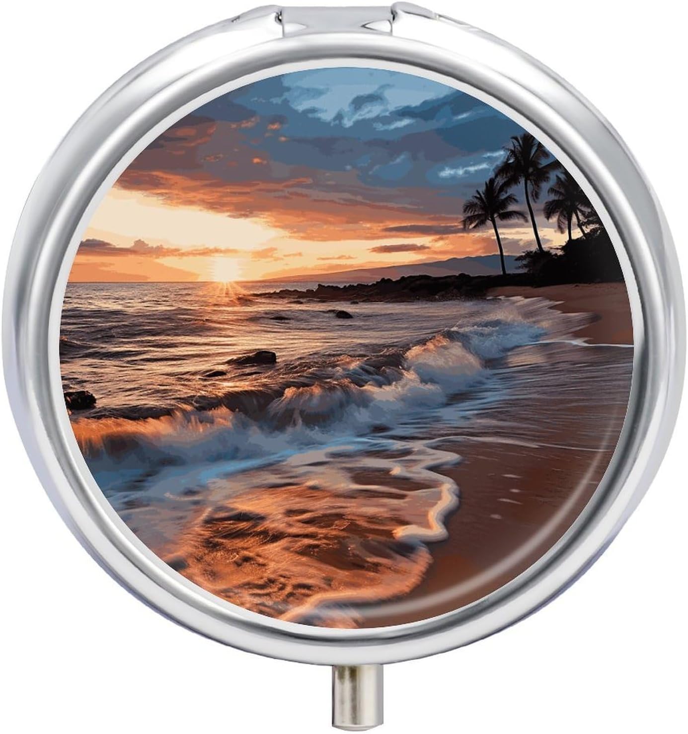 Beach Maui Hawaii Sunset Sea Waves Clouds Pill Box,3 Compartments Round Small Pills Case Moisture-Proof Portable Pill Container for Travel Vitamins Fish Oil Supplements