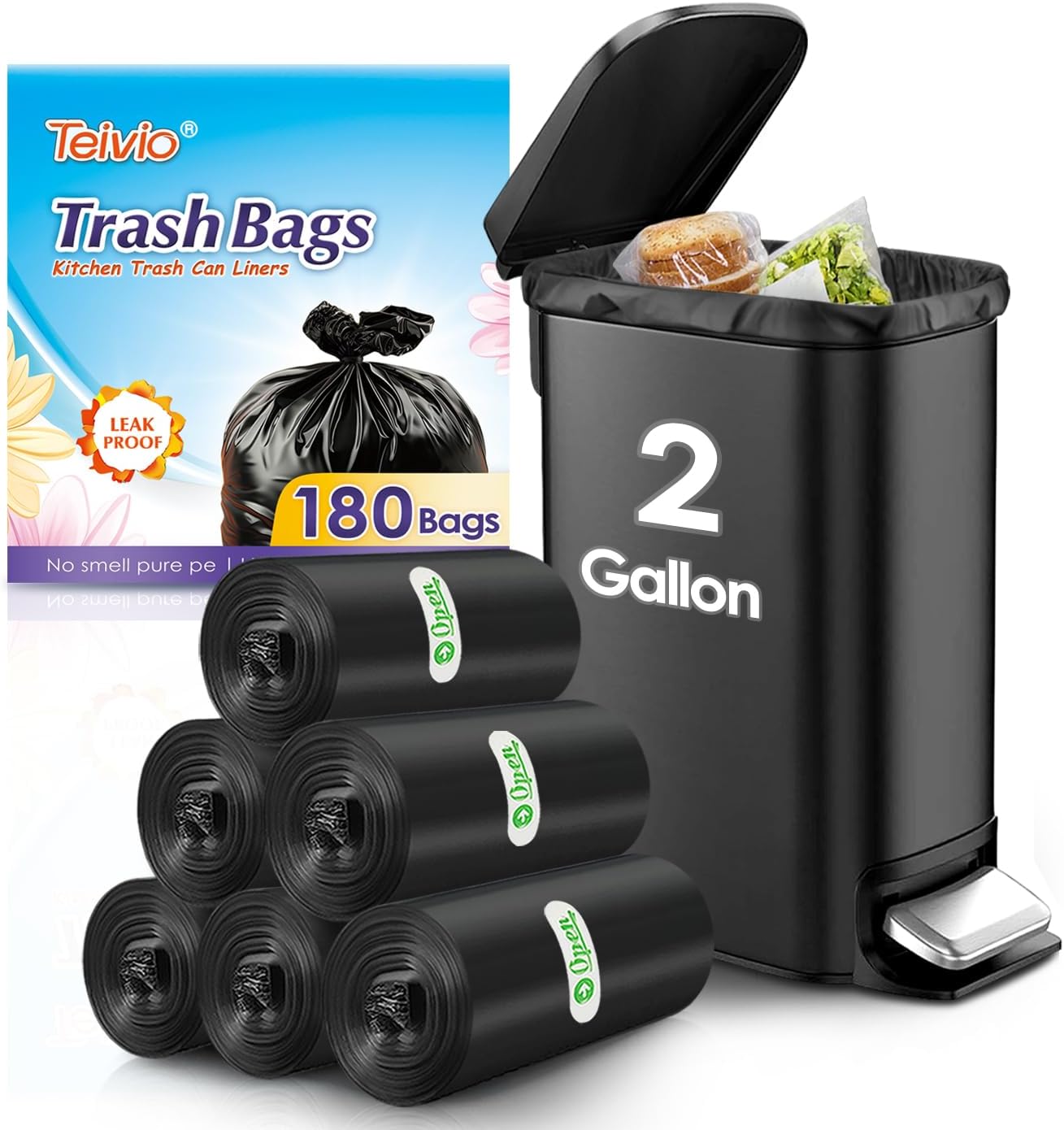 2 Gallon 180 Counts Small Strong Black Trash Bags Garbage Bags by Teivio,Small Waste Basket Liner, Bathroom Trash Can Bin Liners, Plastic Bags for home office kitchen,Black