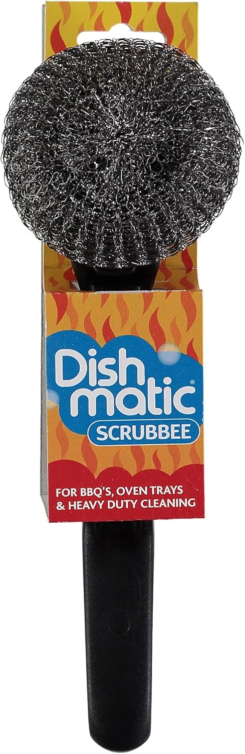 Dishmatic Scrubbee Washing-Up Stainless Steel Scourer for BBQ, Grill, Oven – Kitchen Washing-Up Handle with Easy-Grip Handle