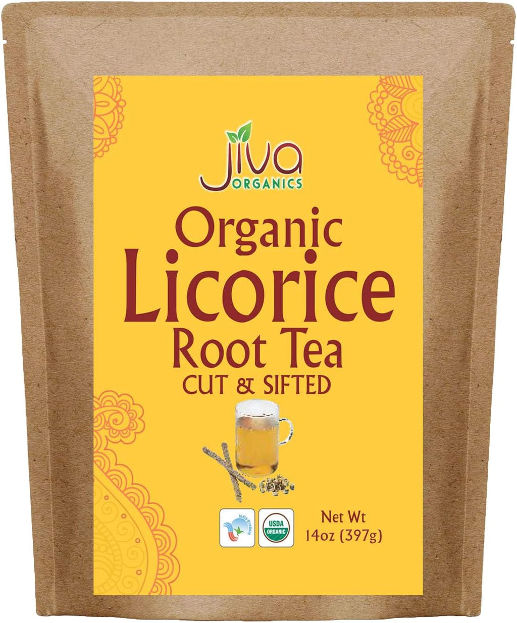 Jiva Organics Organic Licorice Root Tea (Cut & Sifted) Bulk 14 Ounce Kraft Bag - Non-GMO, Dried & Pure - Glycyrrhiza glabra