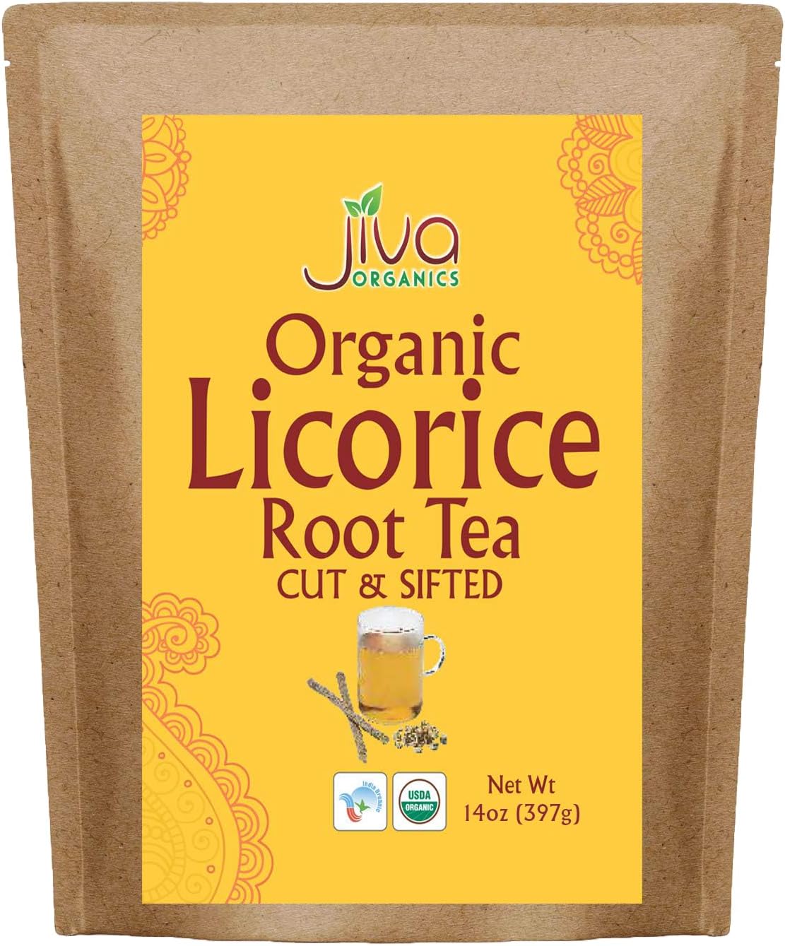 Jiva Organics Organic Licorice Root Tea (Cut & Sifted) Bulk 14 Ounce Kraft Bag - Non-GMO, Dried & Pure - Glycyrrhiza glabra