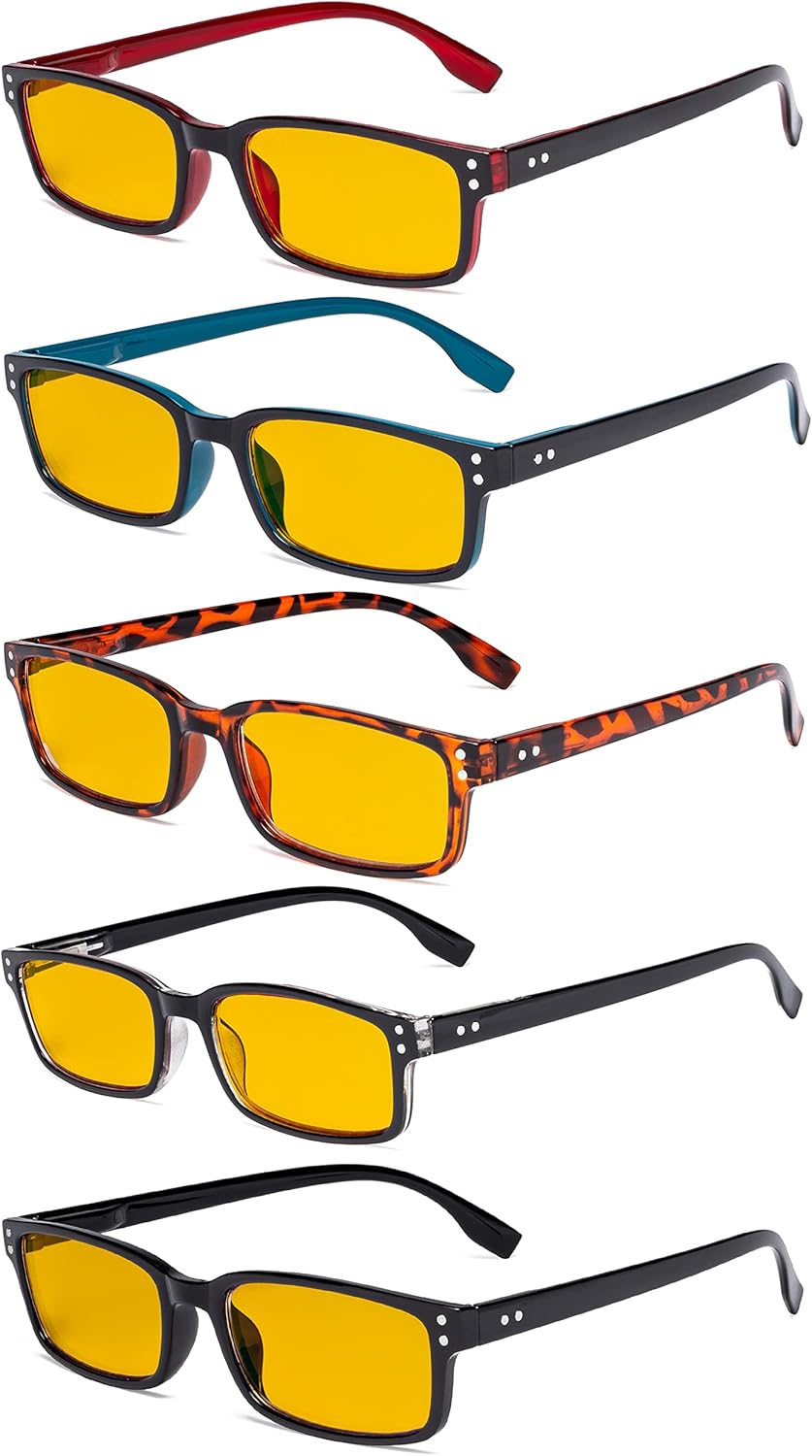 Eyekepper 5 Pack Blue Light Filter Glasses Classic Rectangular Computer Reading Glasses Amber Tinted +0.75