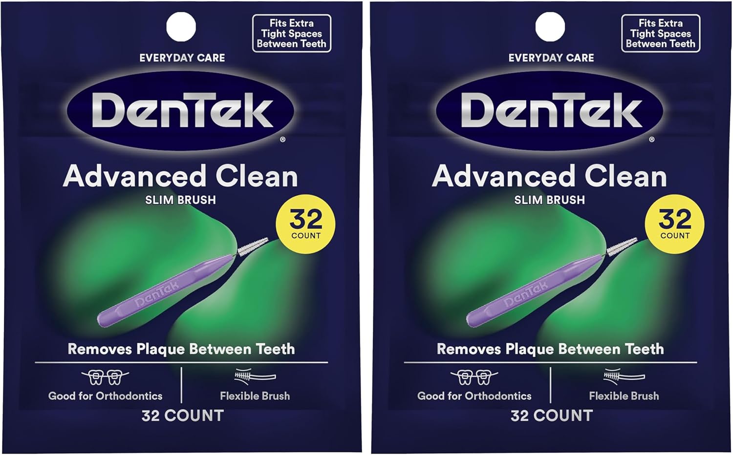 DenTek Slim Brush Advanced Clean,Interdental Brushes for Cleaning Between Tight Teeth,Safe for Braces & Dental Work,32 Count (Pack of 2)