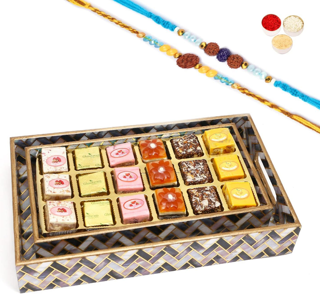 Ghasitaram Gifts Rakhi Gifts for Brothers Set of 2 Printed Blue Trays of Assorted Bites with 2 Blue Rudraksh Rakhis