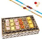 Ghasitaram Gifts Rakhi Gifts for Brothers Set of 2 Printed Blue Trays of Assorted Bites with 2 Blue Rudraksh Rakhis