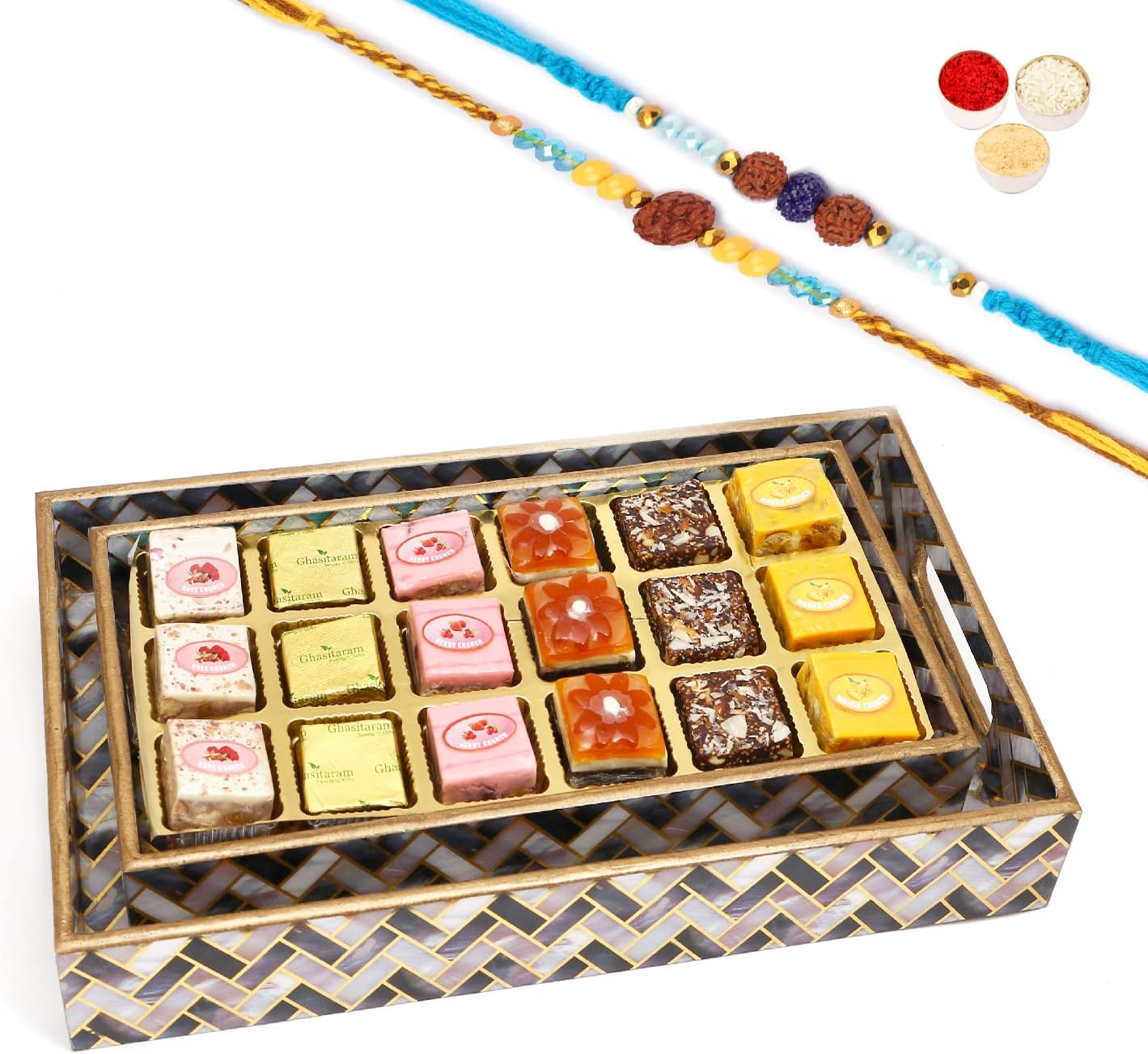 Ghasitaram Gifts Rakhi Gifts for Brothers Set of 2 Printed Blue Trays of Assorted Bites with 2 Blue Rudraksh Rakhis