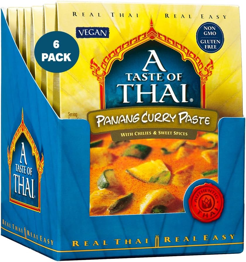 A Taste of Thai Panang Curry Paste – Authentic & Natural Ready‑to‑Use Thai Curry Paste – Vegan, Gluten‑Free & Non‑GMO – Nutty, Sweet Aromatic Flavor for Curries, Stir‑Fries & Soup– 1.75 oz (Pack of 6)