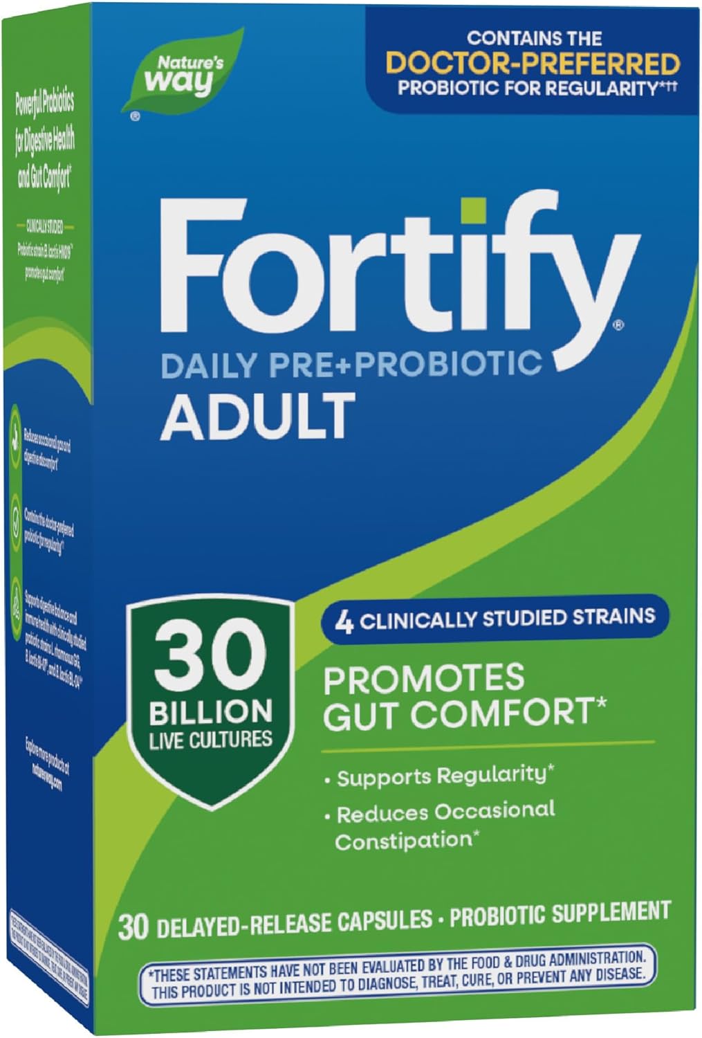 Nature's Way Fortify Daily Pre+Probiotic Adult 30 Billion, Probiotics for Immune and Digestive Health Support*, 30 Billion Live Cultures, 30 Capsules