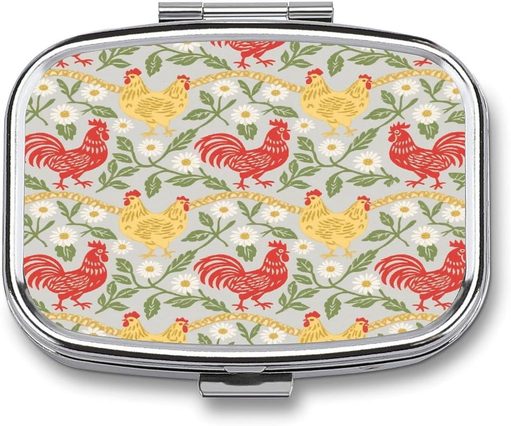 Chicken and Rooster Pill Box 2 Compartment Decorative Metal Pill Case for Pocket Or Purse Travel Portable Medicine Box Pill Container Organizer for Vitamins Fish Oils Supplements
