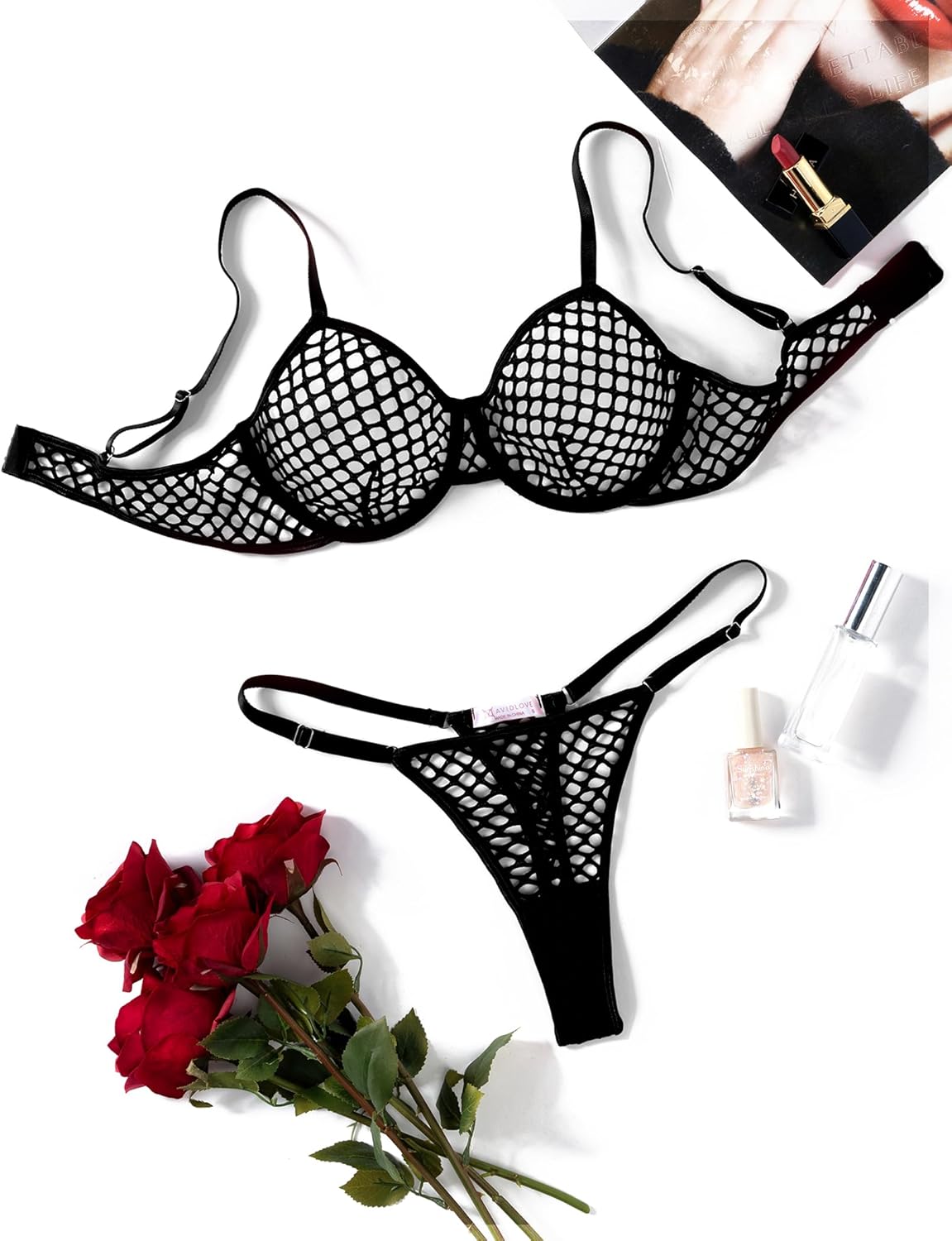 Avidlove Fishnet Lingerie Set Hollow Out Push Up Bra and Sheer Thong Women's Sexy Lingerie Underwear 2 Piece