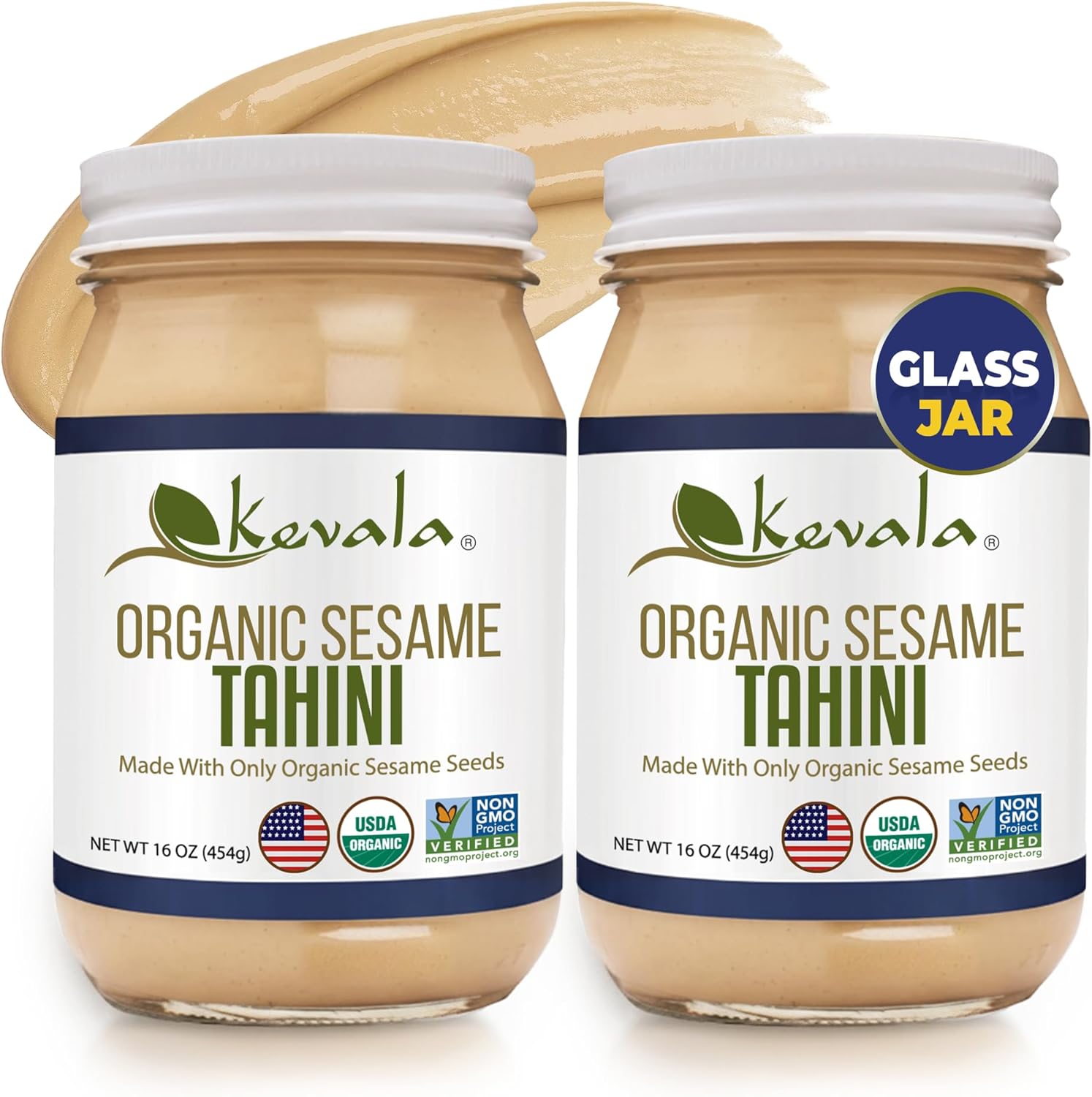 Kevala Organic Sesame Tahini – USDA Organic, Non‑GMO Project Verified & Kosher Certified | Smooth Hulled Sesame Paste in Glass Jar for Spreads, Sauces & Cooking | 16 oz Each | 2-Pack