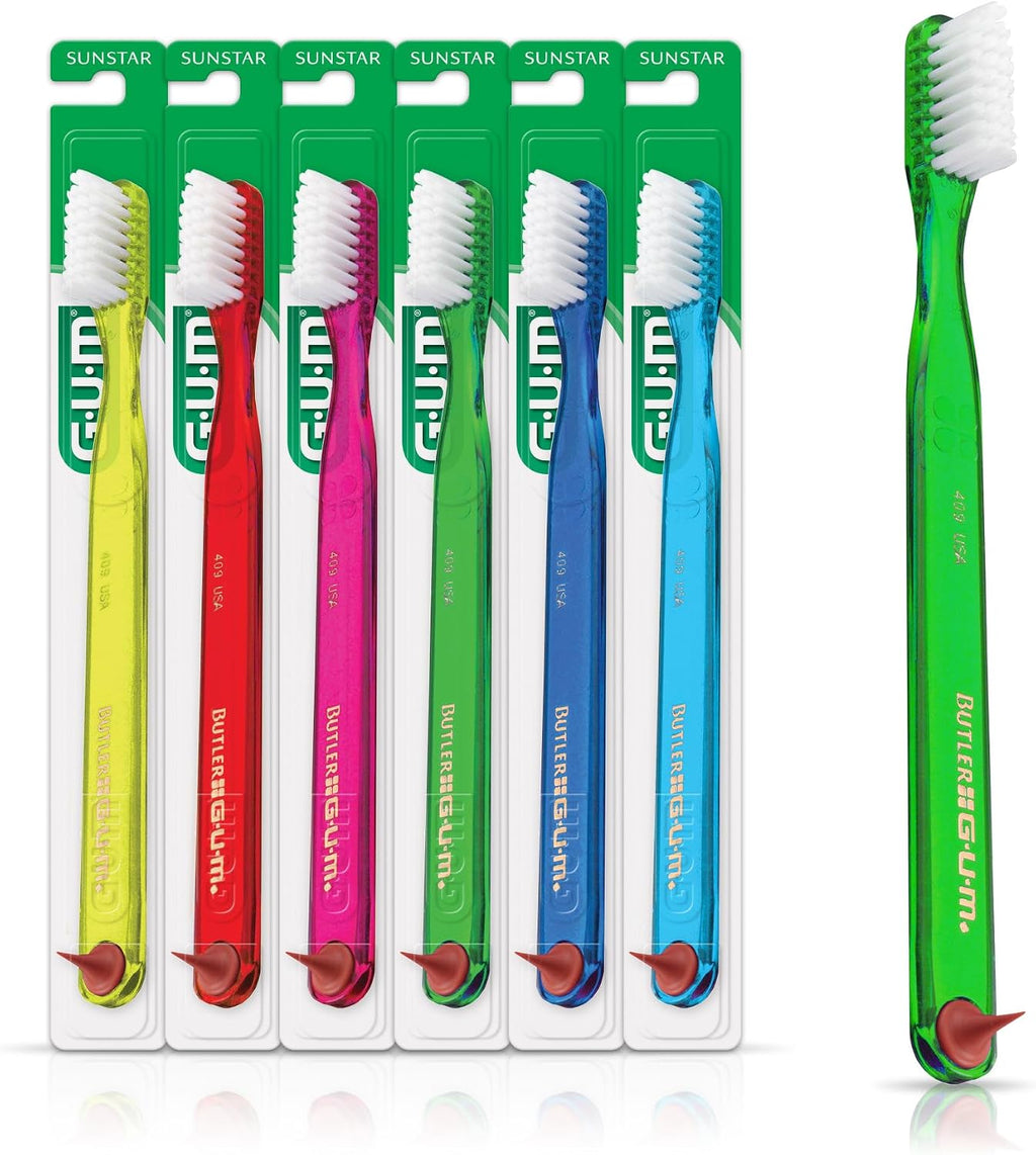 GUM Classic Soft Toothbrush, Compact Head, Includes Rubber Tip Dental Pick 1 Count (Pack of 6)