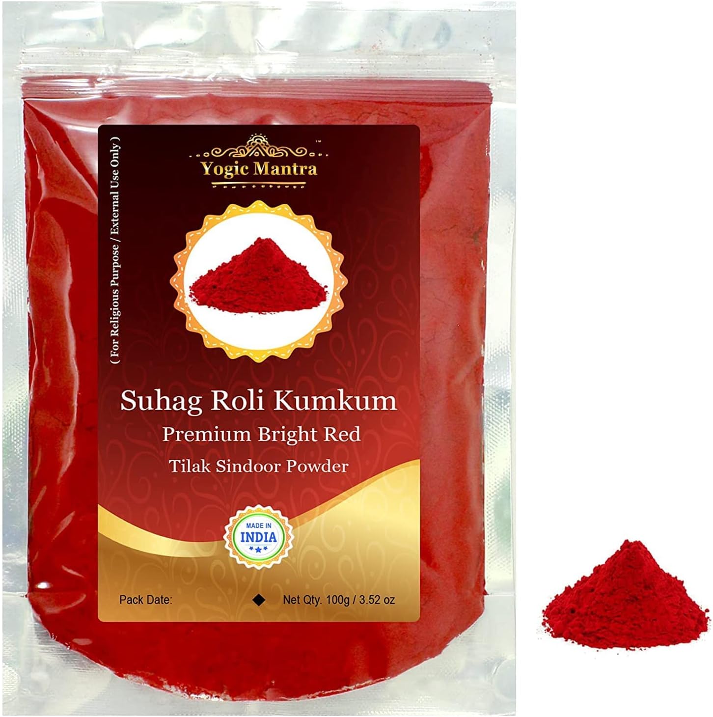 Yogic Mantra Kumkum Powder (100g Resealable Pouch) Bright Red Color Suhag Roli Sindoor Ceremonial Mark Lal Sindur Laxmi Devi Hindu Pooja Bridal Tilak Suhag Tikka Indian Rakhi Puja Religious Ceremony