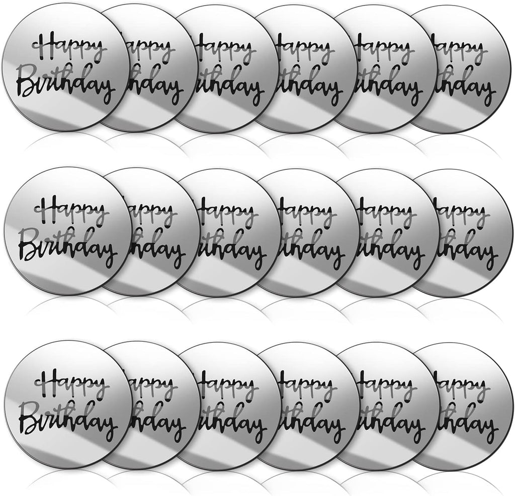 Acrylic Cake Disc, BENBO 18 Pieces Happy Birthday Cake Disc Mirror Acrylic Cupcake Toppers Mini Round Silver Birthday Engraved Topper Charms for Birthday Party DIY Cupcake Decoration