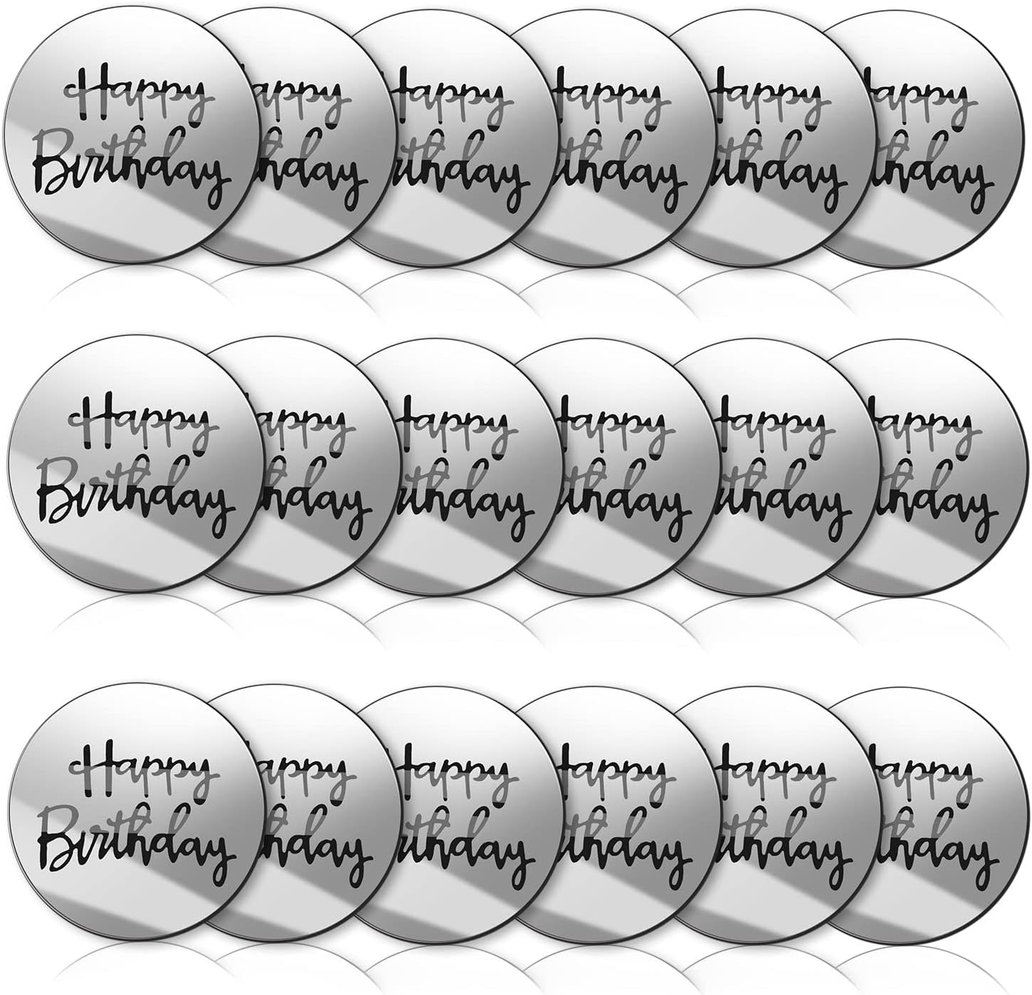 Acrylic Cake Disc, BENBO 18 Pieces Happy Birthday Cake Disc Mirror Acrylic Cupcake Toppers Mini Round Silver Birthday Engraved Topper Charms for Birthday Party DIY Cupcake Decoration