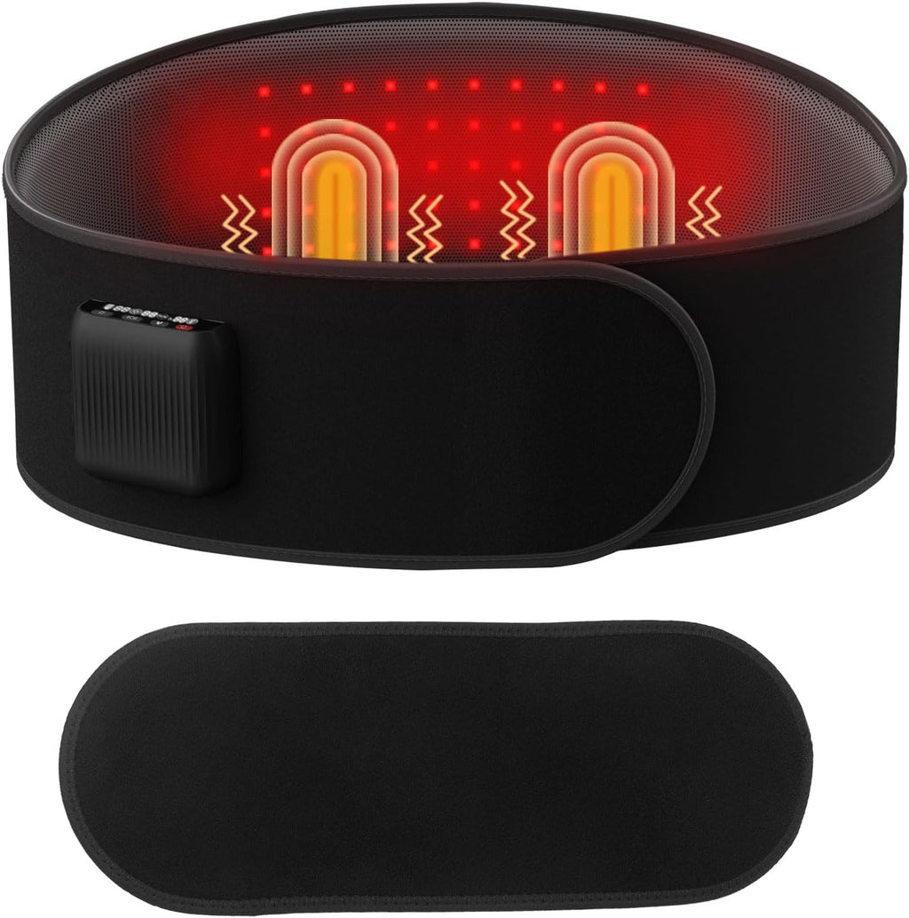 Lower Back Massager Belt with Four Modes Heating & Massage & Red Light, Ergonomic Support Massage Belt with Timer, Portable Cordless Heating Pad for Back Relieve Pain, Battery-Powered