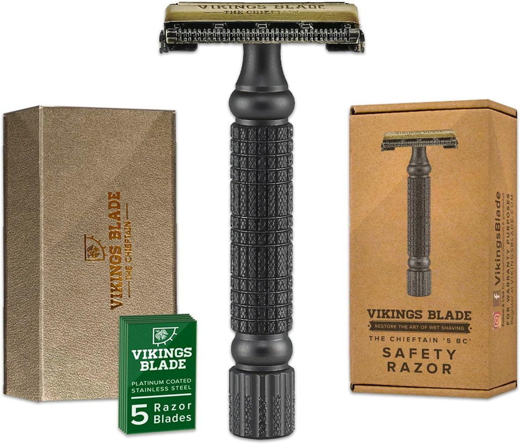 VIKINGS BLADE Double Edge Safety Razor for Men + 5 Swedish Steel Blades + Luxury Case. Smooth, Reusable, Recyclable (Chieftain “5 BC”)