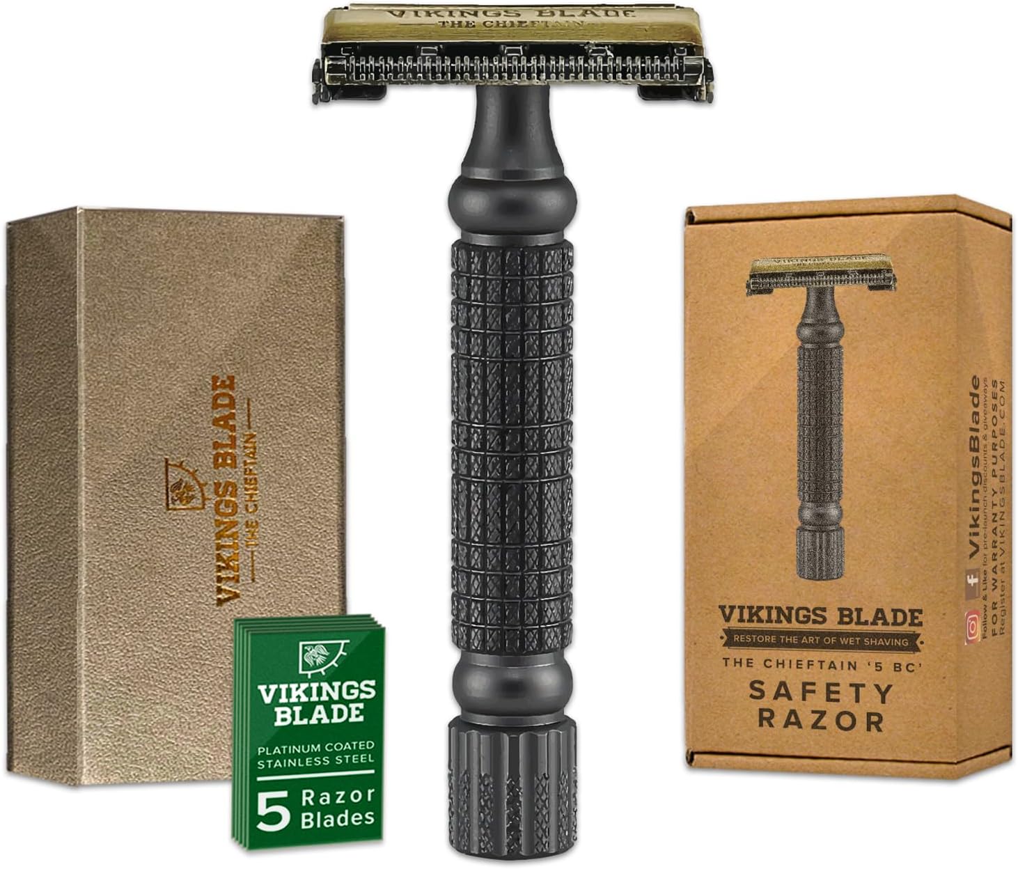 VIKINGS BLADE Double Edge Safety Razor for Men + 5 Swedish Steel Blades + Luxury Case. Smooth, Reusable, Recyclable (Chieftain “5 BC”)