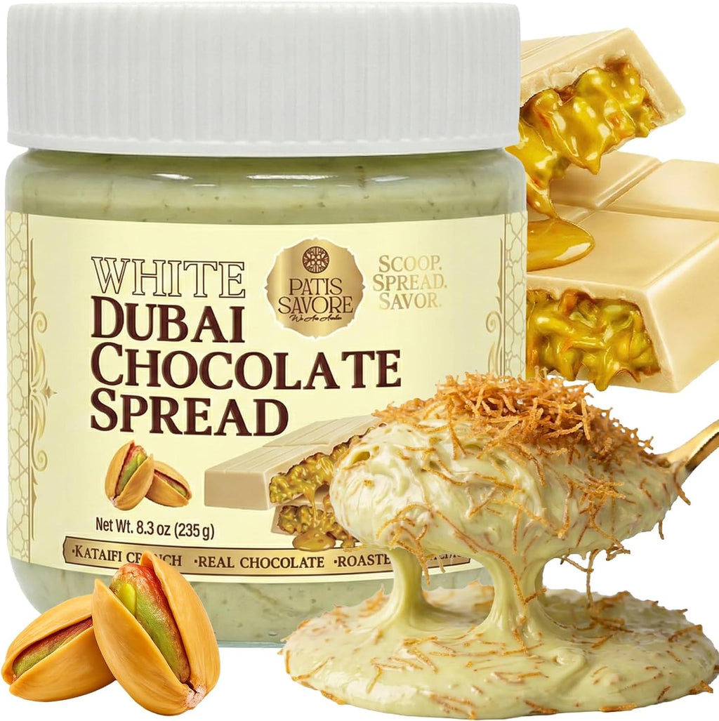 White Dubai Chocolate Spread with Kataifi & Pistachio Cream 8.3oz (235g) – Premium White Chocolate Delight – Crunchy & Velvety Gourmet Middle Eastern Treat – Luxury Gift Jar