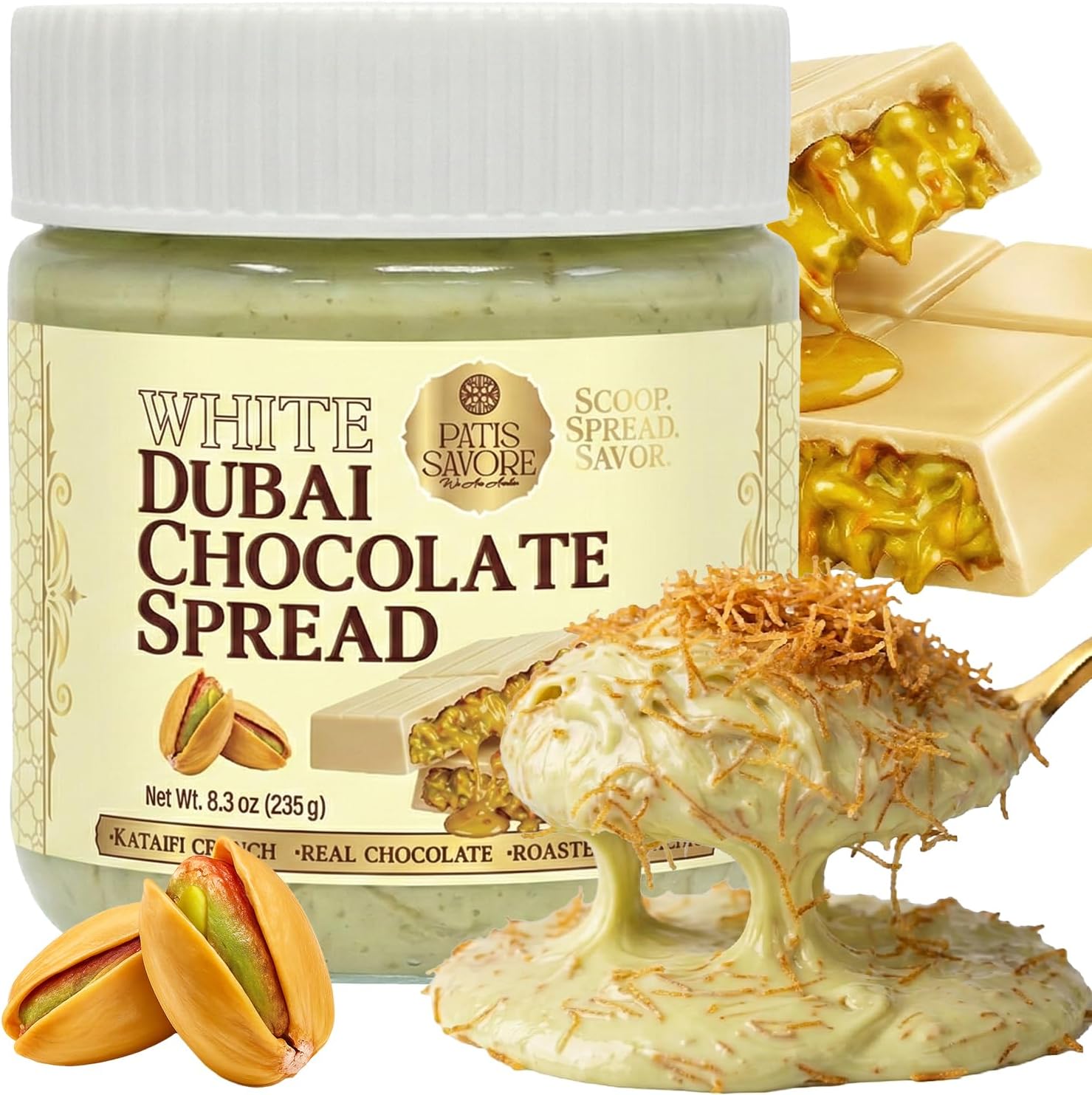 White Dubai Chocolate Spread with Kataifi & Pistachio Cream 8.3oz (235g) – Premium White Chocolate Delight – Crunchy & Velvety Gourmet Middle Eastern Treat – Luxury Gift Jar