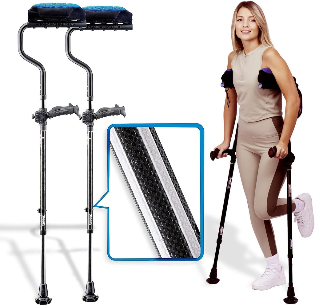 Ergobaum Dual Black Cobra Crutches (5’–6’6”) 1 Pair (2 Units) of Ergonomic Underarm Crutches with Triple Shock Absorption, Adjustable,Ergonomic Grip, Foldable, with Arm Support (Real Carbon Fiber)