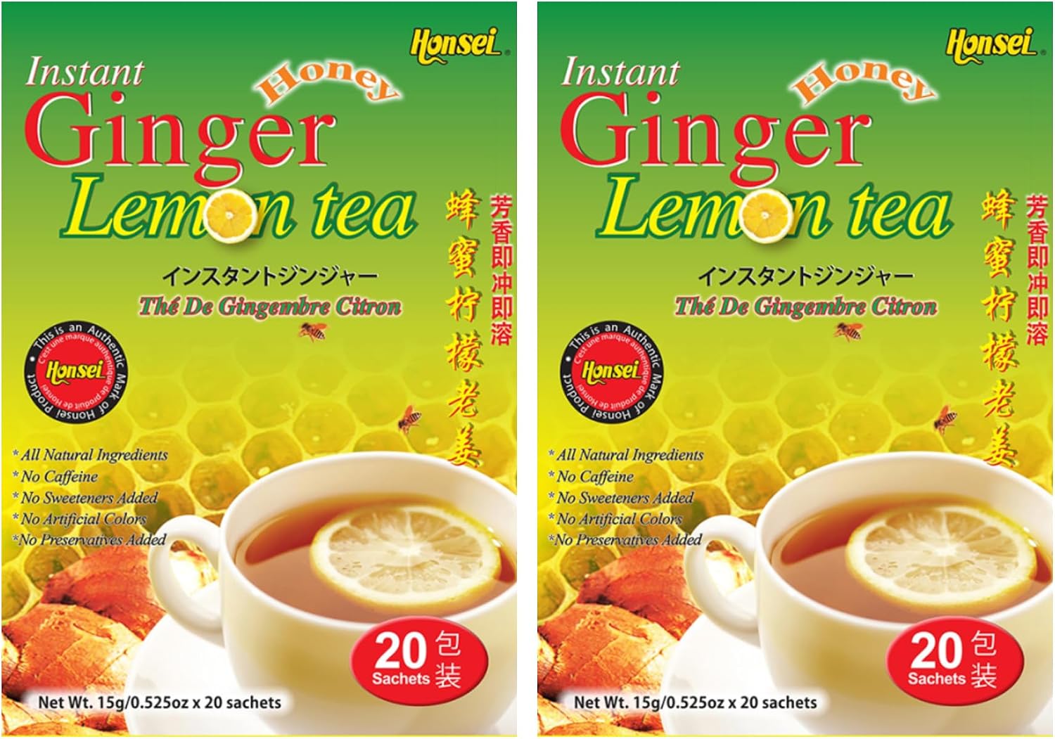 Honsei Instant Ginger Honey and Ginger Lemon Tea Set, 20 Sachets Each Flavor Total 40 Sachets (Ginger Lemon - 2 Pack)
