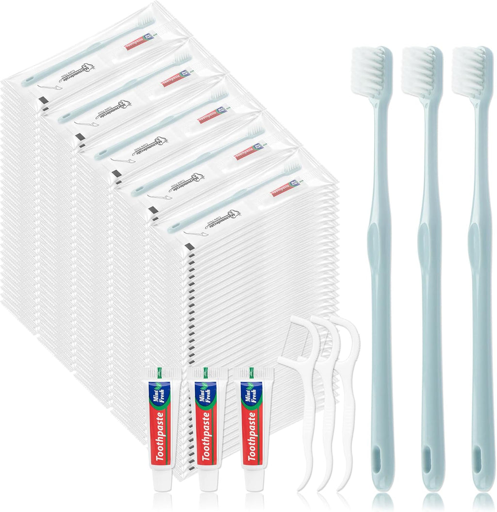 Disposable Toothbrushes with Toothpaste, Travel Toothbrush Kit, Individually Packaged, Light Grey, with Floss Picks, Suitable for Hotel, Home, Camping, Travel (100-PACK)