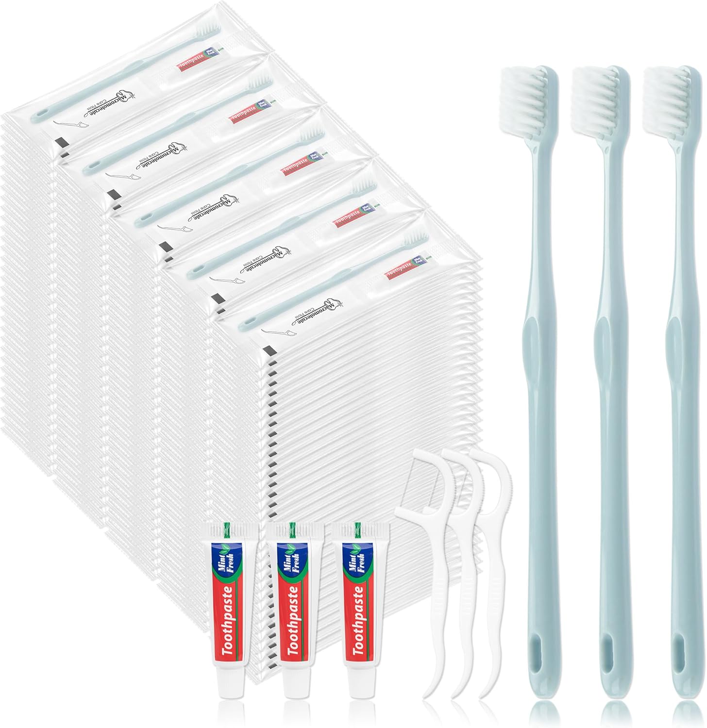Disposable Toothbrushes with Toothpaste, Travel Toothbrush Kit, Individually Packaged, Light Grey, with Floss Picks, Suitable for Hotel, Home, Camping, Travel (100-PACK)