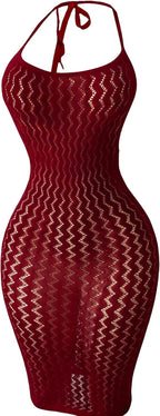 OYOANGLE Women's Fishnet Halter Bodycon Lingerie Dress Sexy Hollow Out See Through Sleeveless Chemise Beach Cover Up Dress