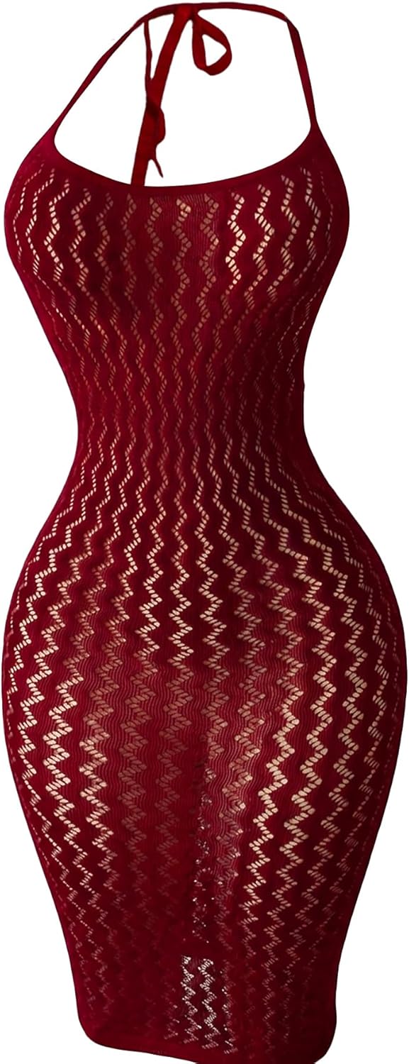 OYOANGLE Women's Fishnet Halter Bodycon Lingerie Dress Sexy Hollow Out See Through Sleeveless Chemise Beach Cover Up Dress