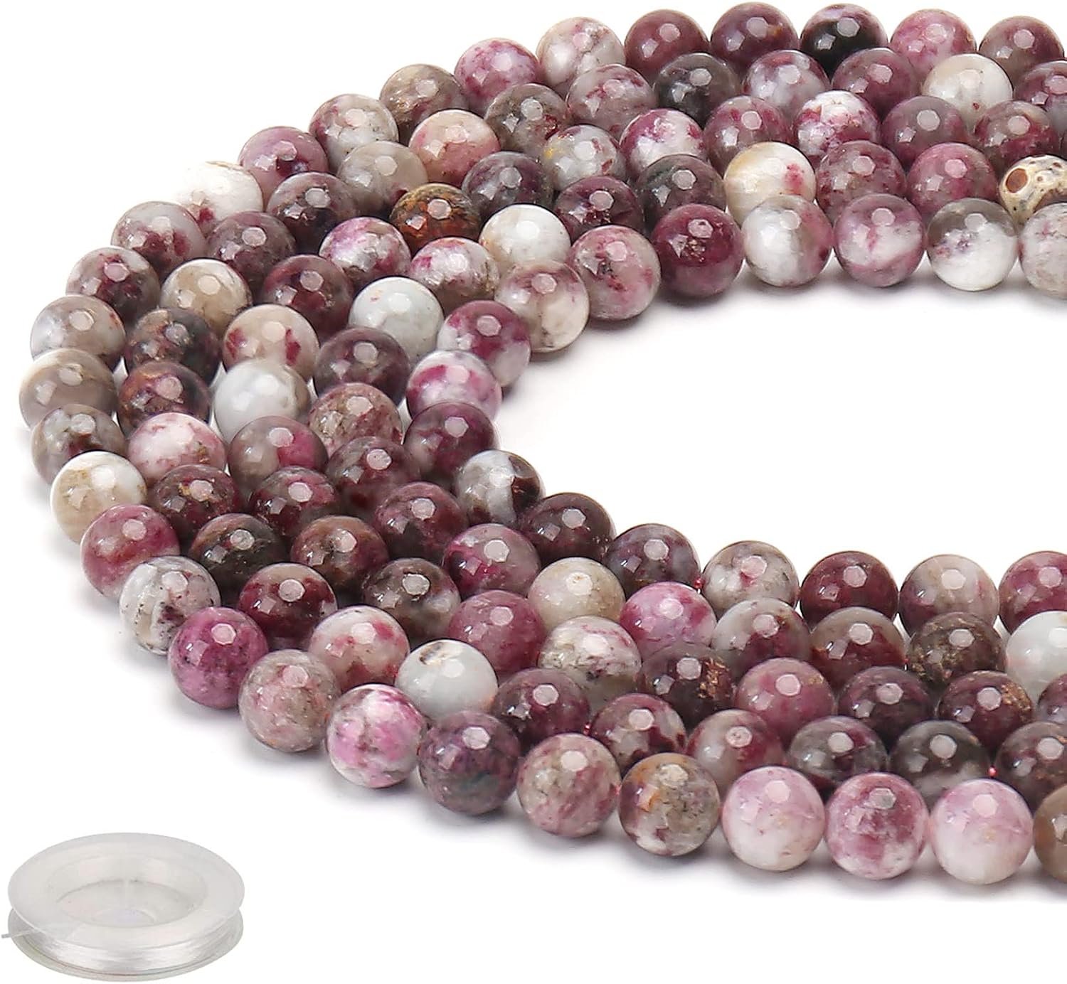 70PCS Natural 8MM Healing Gemstone, Plum Blossom Tourmaline Energy Stone Round Loose Beads, Semi-Precious Crystal Beads with Free Elastic String for Jewelry Making DIY