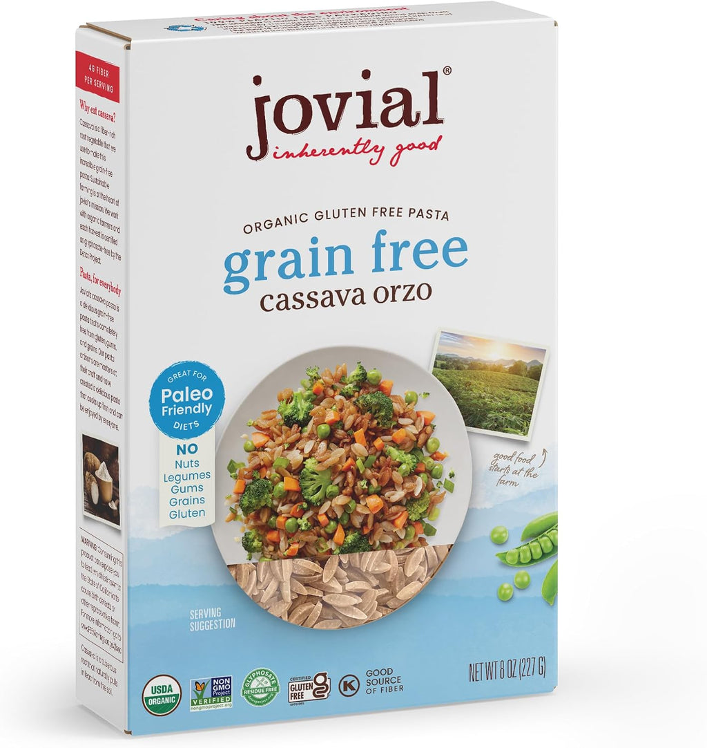 Jovial Grain-Free Cassava Orzo - Gluten Free Orzo Pasta, Cassava Pasta, Paleo Pasta, Grain-Free, 100% Organic Pasta, USDA Certified Organic, Non-GMO, High-Fiber - 8 Oz, 1 Pack