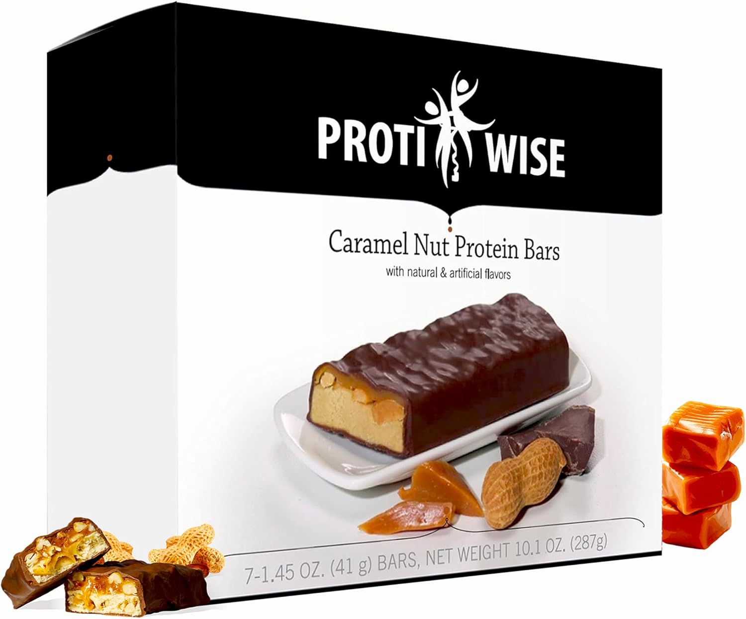 ProtiWise Caramel Nut Protein Bars | 15g Protein, High Fiber | Low Sugar, Low Carb | Gluten Free | Keto Friendly Meal Replacement Weight Loss Snack Bar | 7 Count Box