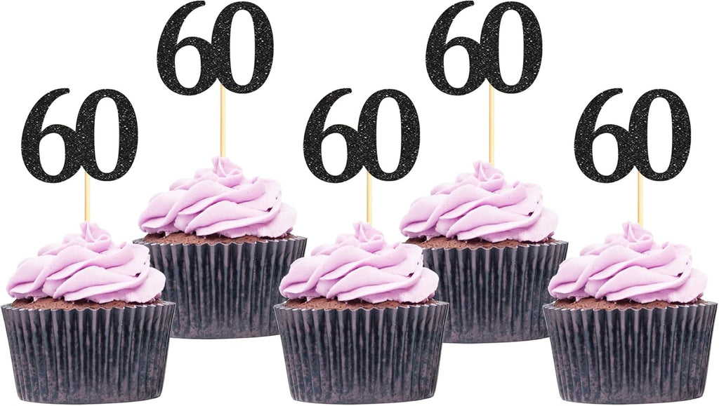Sotpot 30 Pack Happy 60th Cupcake Toppers 60 Birthday Cake Decorations for 60th Birthday Wedding Anniversary Party Supplies Black Glitter