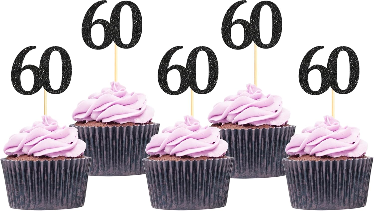 Sotpot 30 Pack Happy 60th Cupcake Toppers 60 Birthday Cake Decorations for 60th Birthday Wedding Anniversary Party Supplies Black Glitter