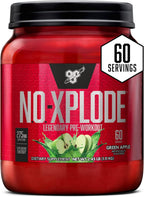 BSN N.O.-XPLODE Pre Workout Powder, Energy Supplement for Men and Women with Creatine and Beta-Alanine, Green Apple, 60 Servings, 2.45 Pound (Packaging May Vary)