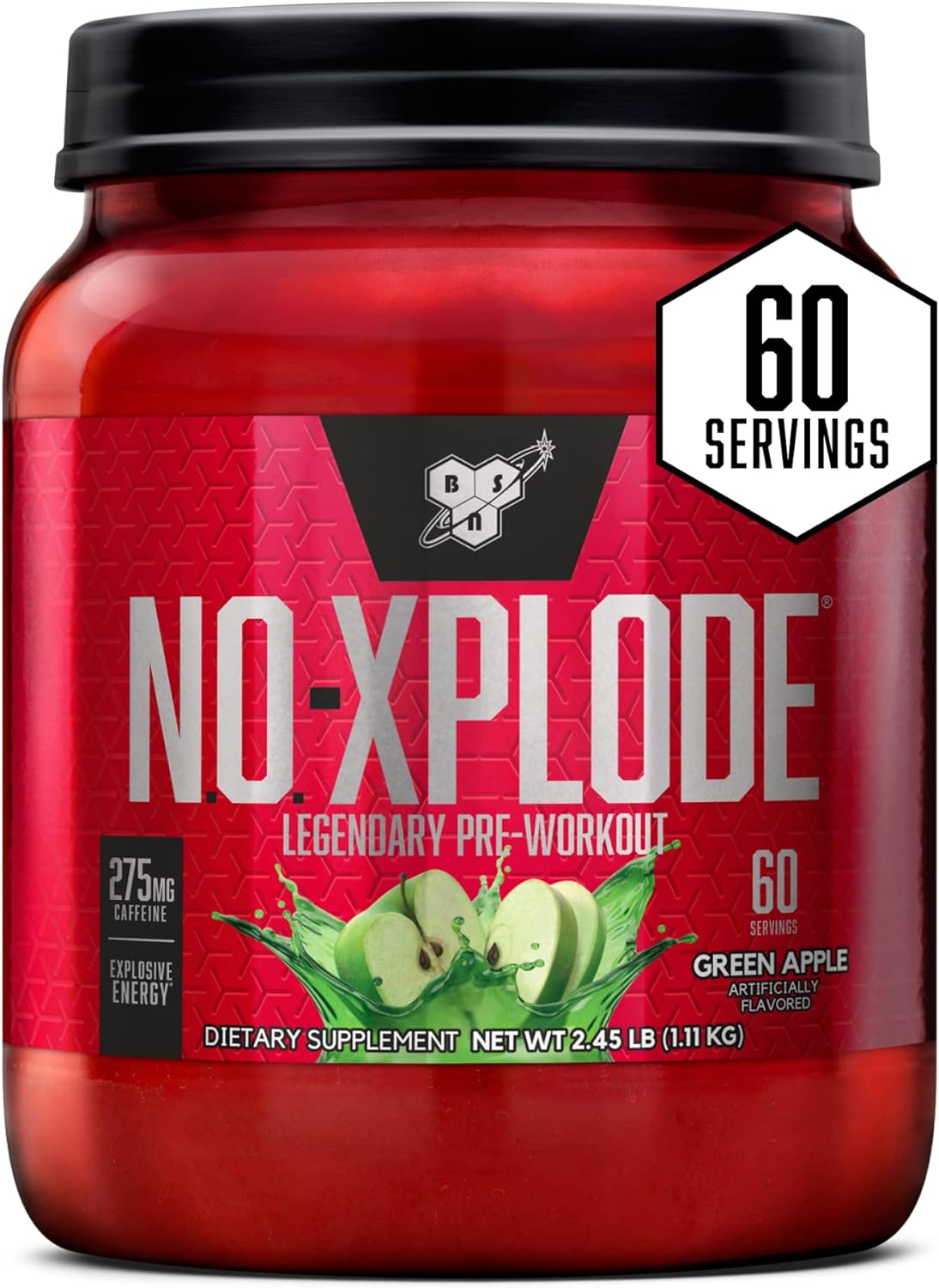 BSN N.O.-XPLODE Pre Workout Powder, Energy Supplement for Men and Women with Creatine and Beta-Alanine, Green Apple, 60 Servings, 2.45 Pound (Packaging May Vary)