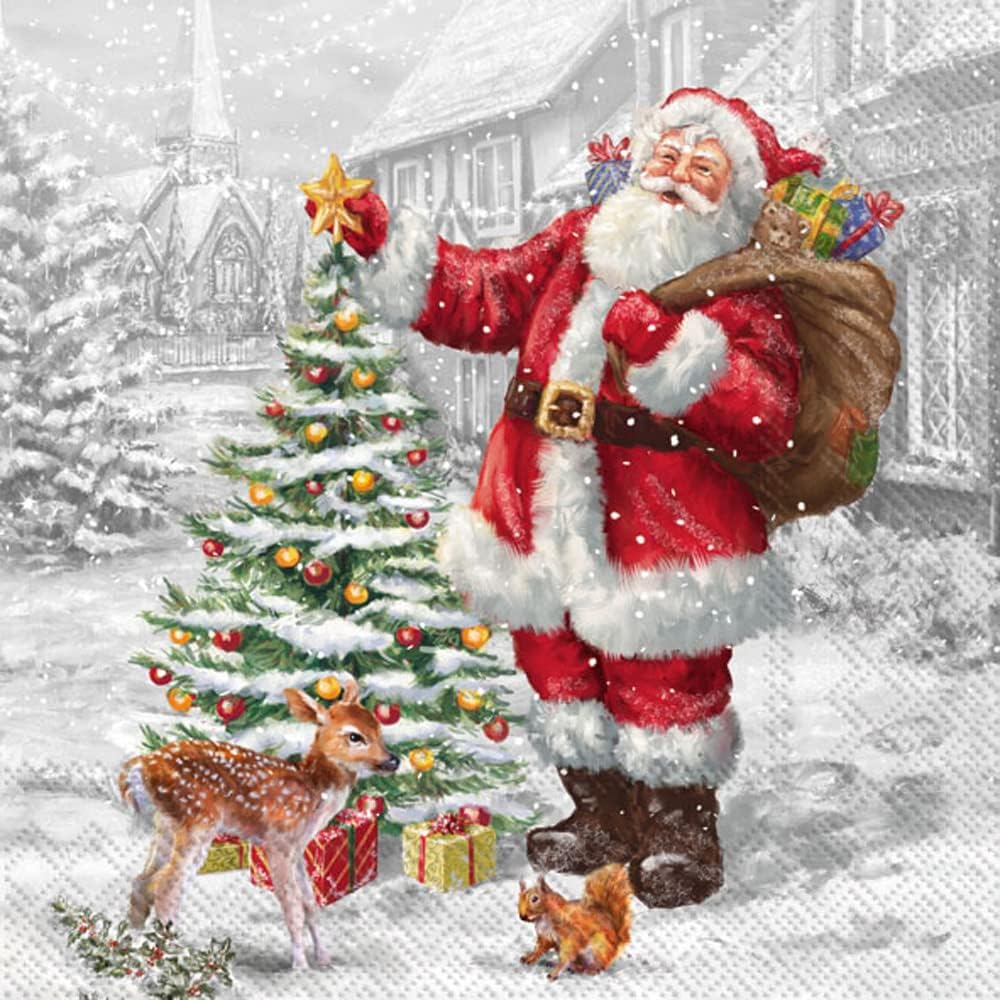 IHR Ideal Home Range Party Napkins Disposable 3-Ply Paper Lunch Napkin Pack, 6.5" x 6.5", Santas Xmas Tree, 20-Count