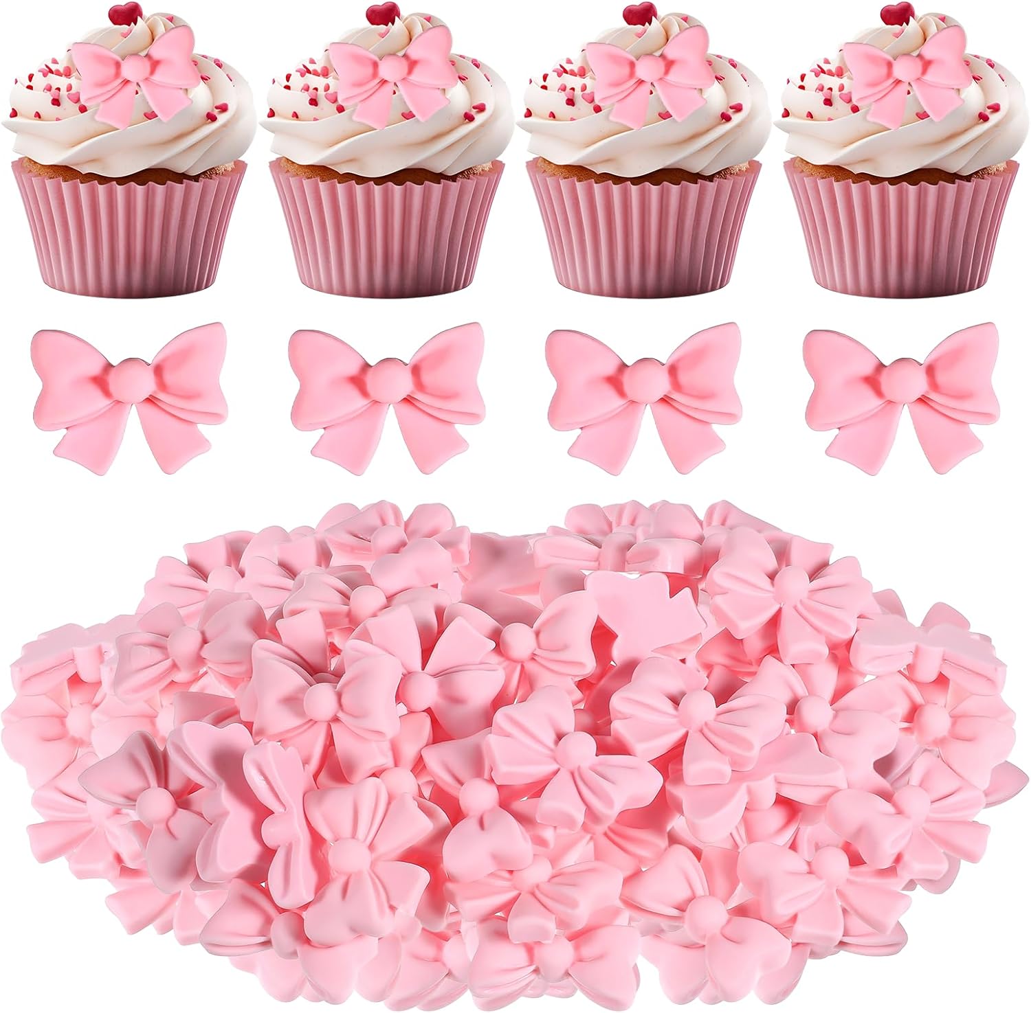 Bewudy 50Pcs Pink Bow Cupcake Toppers, Bowknot Cake Decorations Birthday Decorations for Theme Parties Bridal Engagement Wedding Baby Showers Birthday Party (Not Edible)