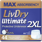LivDry Ultimate 2XL Adult Incontinence Underwear, Max Absorbent Diapers for Women and Men, XXL 60” -80" Waist, Leak Proof Cuff, XX-Large, 44 Pack