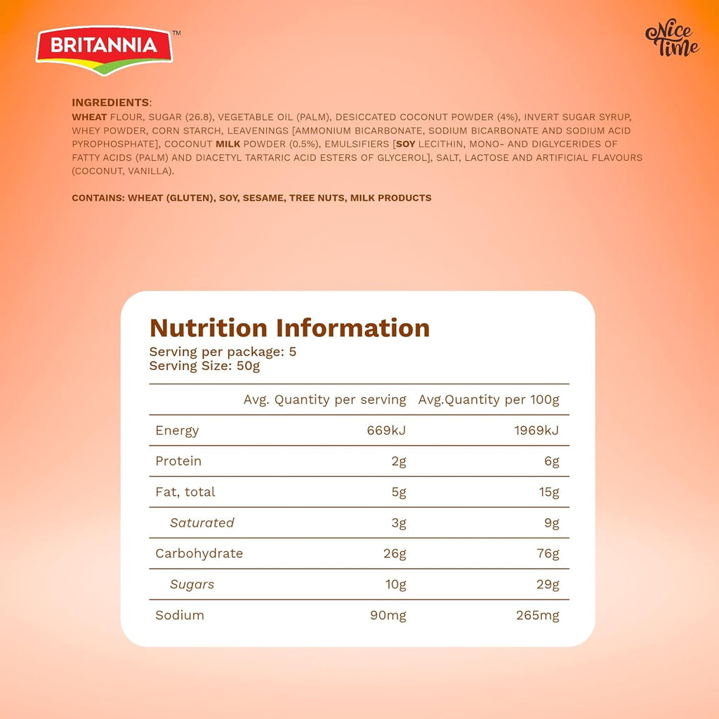 Britannia Nice Time 16.9oz (480g) - Delicious Coconut Biscuit Crunchy - Kids Favorite Breakfast & Tea Time Snacks (Pack of 6 * 80)