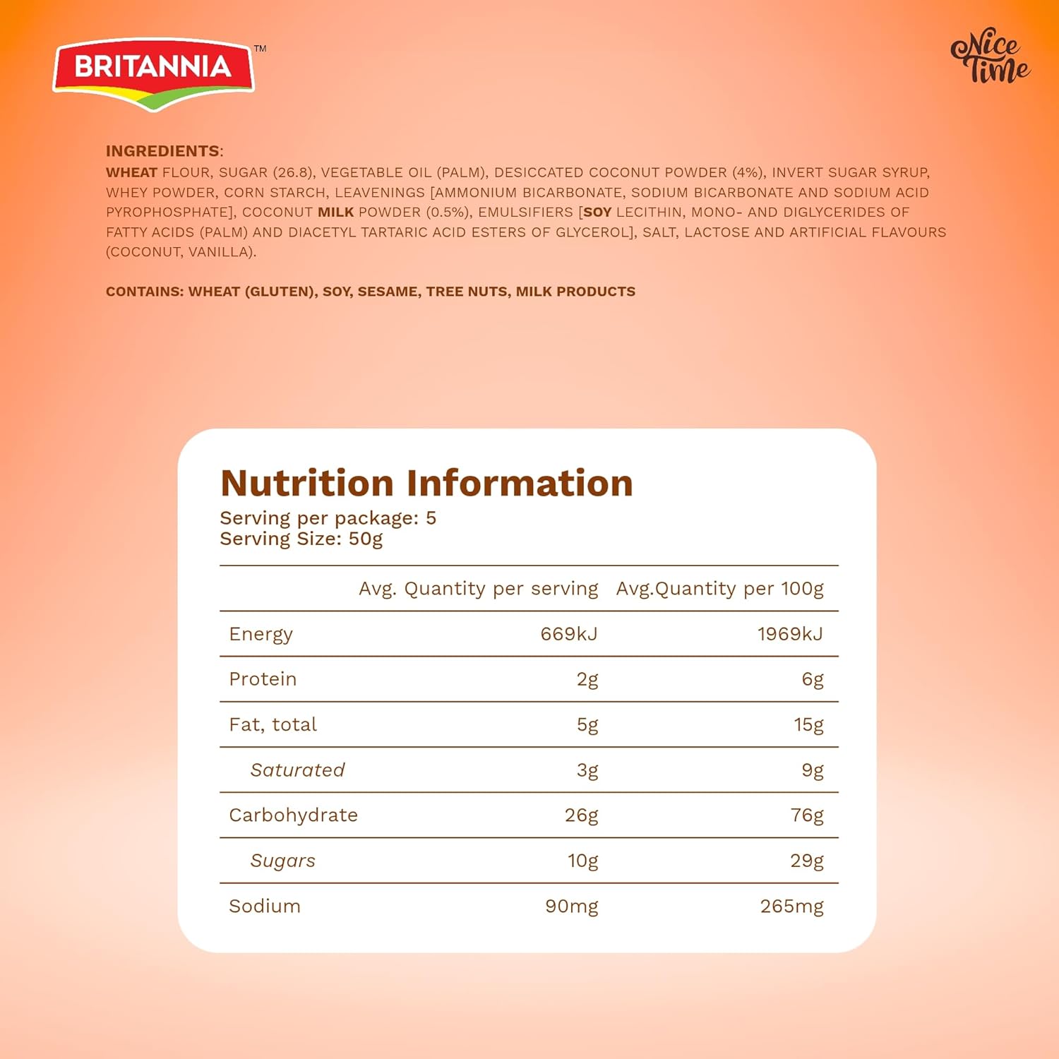 Britannia Nice Time 16.9oz (480g) - Delicious Coconut Biscuit Crunchy - Kids Favorite Breakfast & Tea Time Snacks (Pack of 6 * 80)