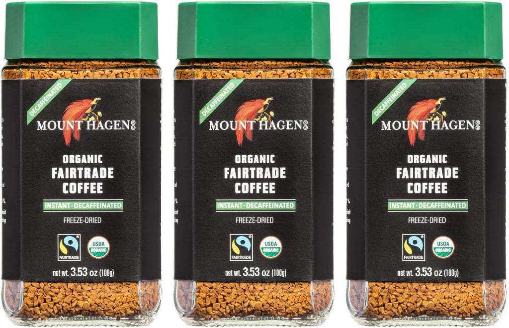 Mount Hagen 3.53oz Organic Freeze Dried Instant Decaf Coffee- 3 Pack | Eco-friendly Decaf Coffee Made From Organic Medium Roast Arabica Beans | Fair-Trade Instant Coffee Decaffeinated [3x 3.53oz Jar]