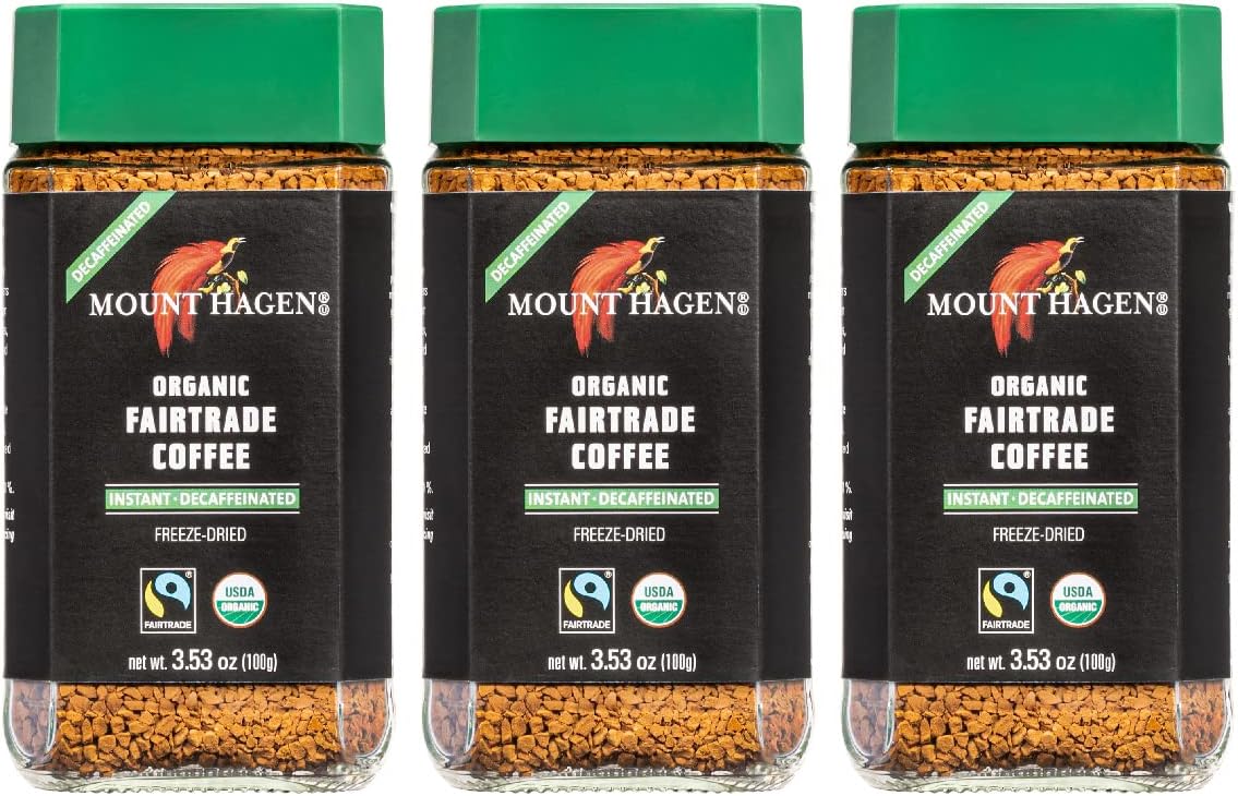 Mount Hagen 3.53oz Organic Freeze Dried Instant Decaf Coffee- 3 Pack | Eco-friendly Decaf Coffee Made From Organic Medium Roast Arabica Beans | Fair-Trade Instant Coffee Decaffeinated [3x 3.53oz Jar]