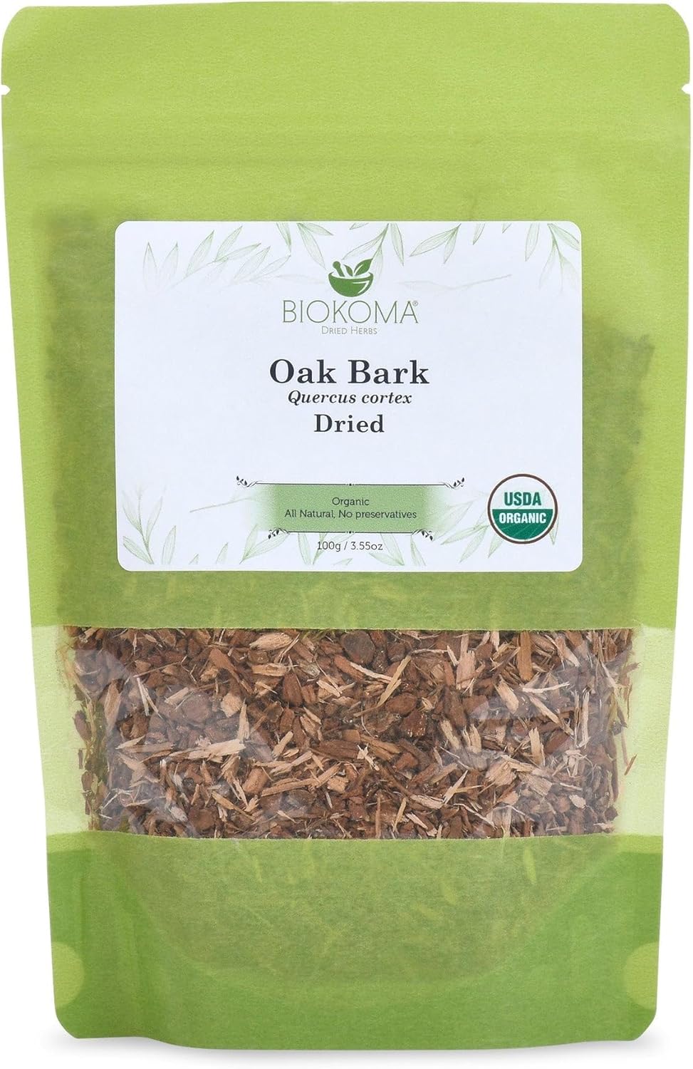 Biokoma Organic Oak Bark 100g (3.55oz) Dried Cut Herb Caffeine-Free USDA Organic Herbal Tea Digestion Support Antioxidant Resealable Moisture Proof Pouch No Additives No Preservatives No GMO Kosher